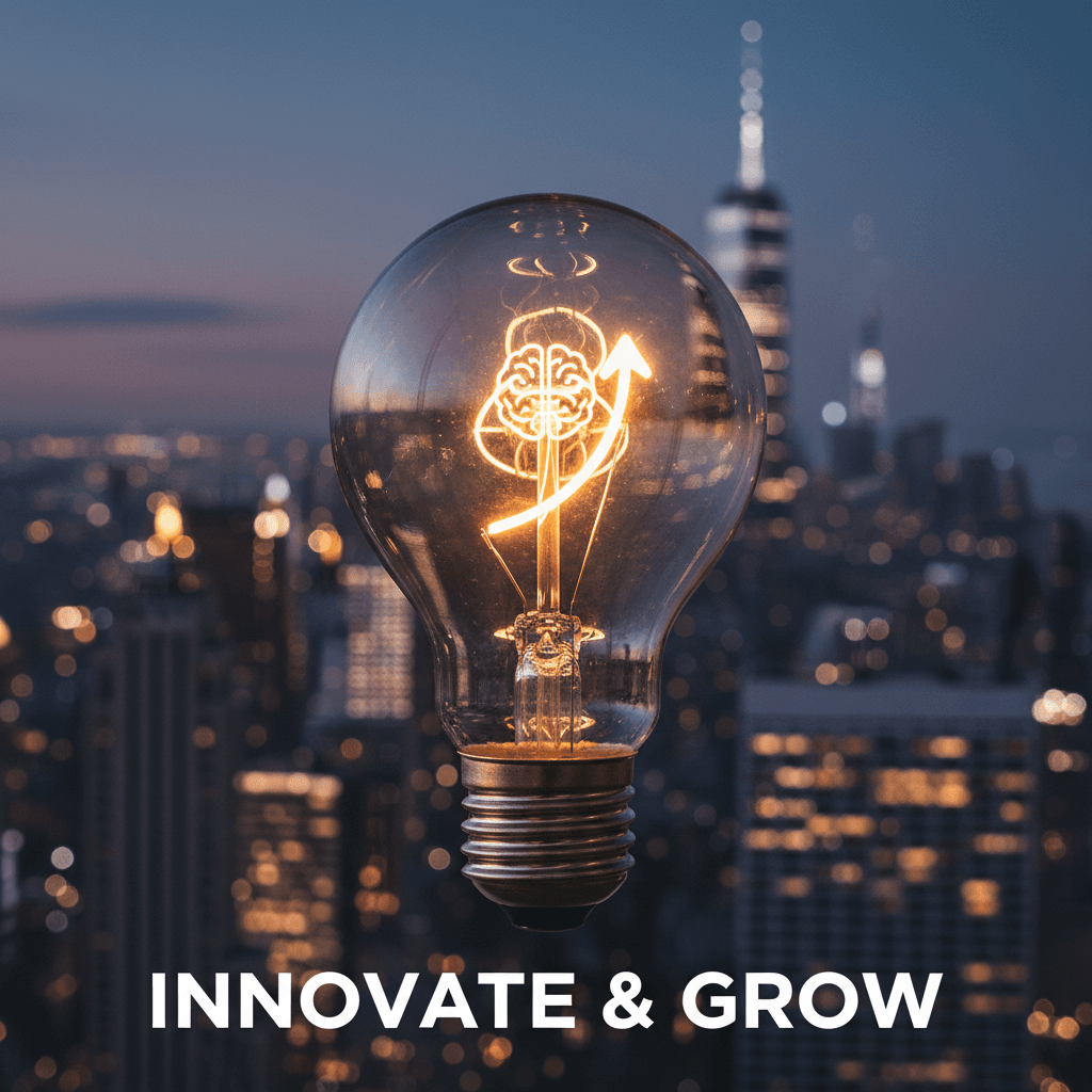 Glowing lightbulb against a blurred New York City skyline, symbolizing innovation.