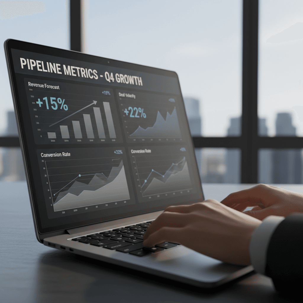 Sales pipeline analytics review on laptop screen