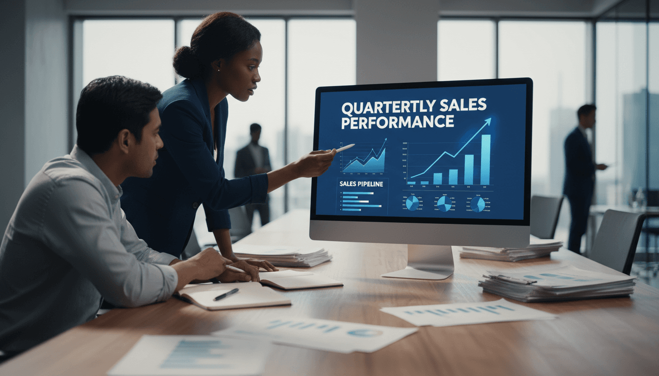 Team reviewing sales growth metrics and pipeline data in modern office