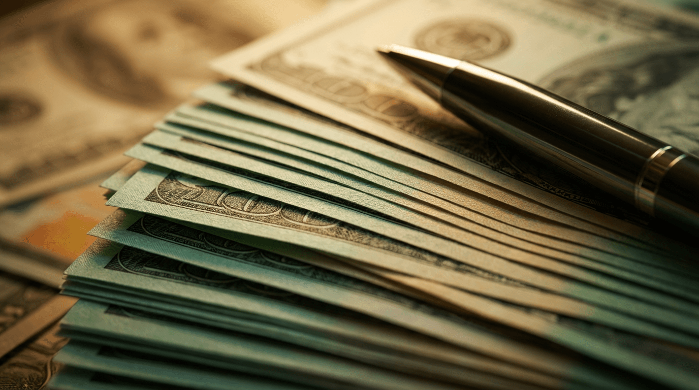 Macro shot of stacked currency notes with pen, warm studio lighting, shallow depth of field emphasizing texture and layers.